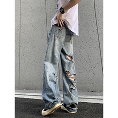 美式街头水洗做旧破洞牛仔裤男欧美高街vibe风长裤子N7059-P47，男装牛仔裤，星座308B-2