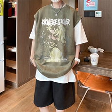直播美式麂皮绒宽松背心无袖t恤短裤大码两件套套装TZ46-P58，男装T恤，电商A486