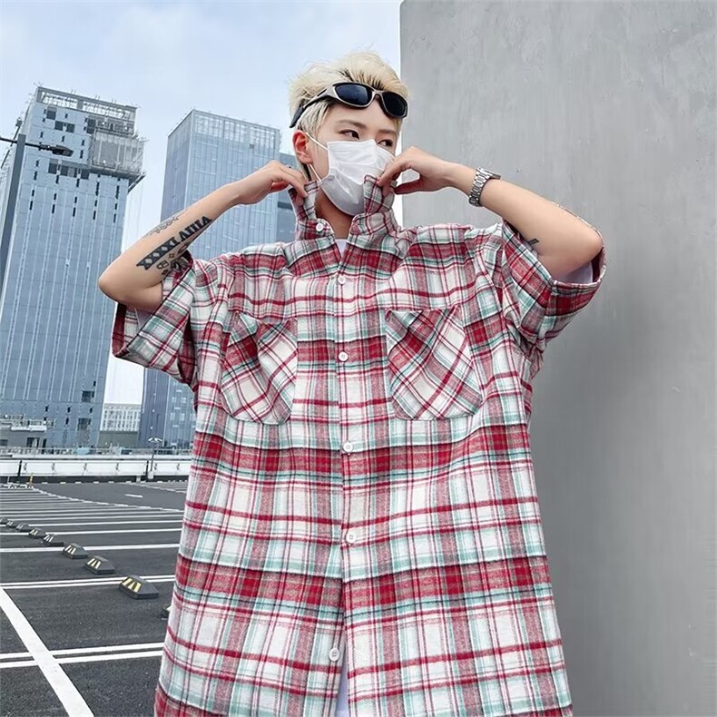 夏季日系短袖格子衬衫男潮牌宽松半袖衬衣百搭情侣寸衣男女~C5212,男装衬衫,星座601-2
