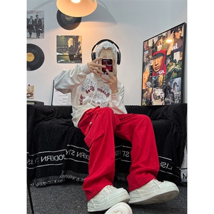美式ins高街hiphop宽松直筒多口袋工装裤纽扣装饰货号k646P65图片