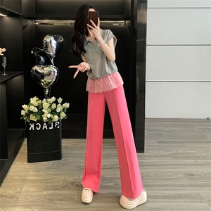 盐系炸街时尚休闲运动套装女夏季新款蕾丝拼接短袖阔腿长裤两件套图片