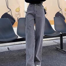 烟灰色绑带牛仔裤女秋季韩版高腰显瘦宽松百搭潮流直筒阔腿裤，男装牛仔裤，星座506A