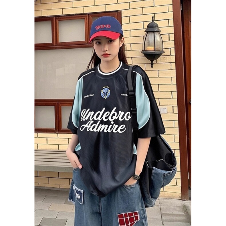 夏季拼接撞色字母印花短袖T恤男运动球衣机车骑行服上衣 T203图片