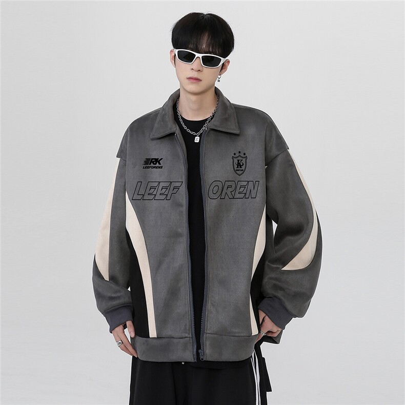 春季美式麂皮绒运动夹克男撞色拼接棒球服高街痞帅外套特p68,男装夹克,电商C307