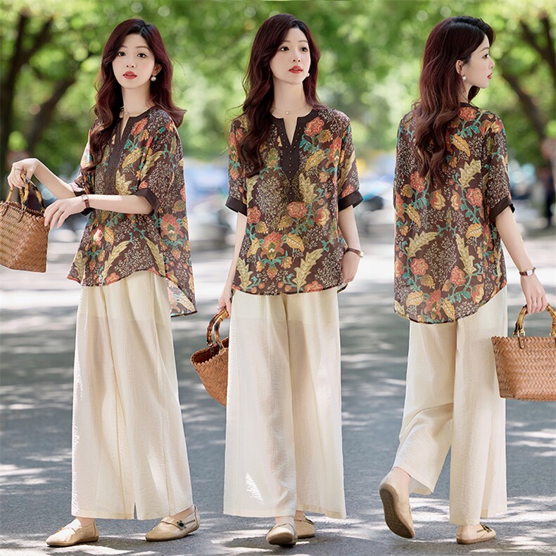 印花大码V领衬衫女短袖2025夏装新款中年妈妈装洋气宽松遮肉上衣，女装套装/套裙，水衣源