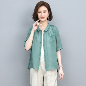 苎麻衬衫女短袖2022年夏季新款刺绣衬衣别致小衫潮图片