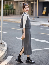 时尚马甲打底衫半身裙套装女2026春新款含羊毛通勤气质穿搭三件套，女装套装/套裙，冬木谷雨