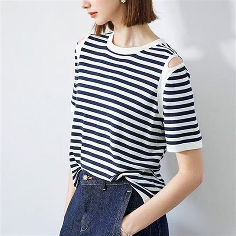 2025夏季新款条纹针织短袖T恤女别致设计感正肩上衣薄款百搭女装,针织衫/毛衣,萱芳婷羊绒