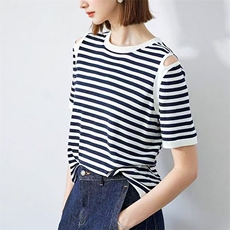 2025夏季新款条纹针织短袖T恤女别致设计感正肩上衣薄款百搭女装，女装针织衫/毛衣，萱芳婷羊绒