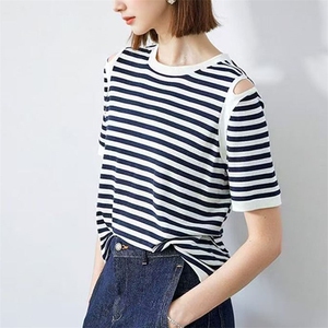 2025夏季新款条纹针织短袖T恤女别致设计感正肩上衣薄款百搭女装图片
