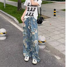 DG50-P55满印花卉阔腿水洗牛仔裤男新款夏季拖地裤子潮-网图现货，男装牛仔裤，星座603-2