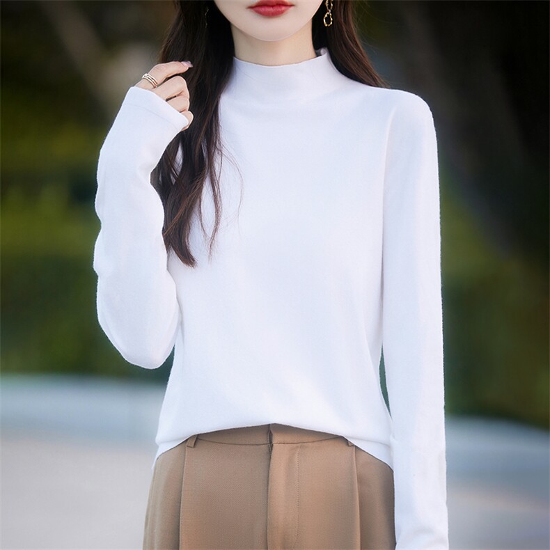 春夏半高领亲肤绒针织打底衫女长袖纯色套头宽松显瘦内搭百搭上衣，女装T恤，暖烁特种纱工厂店