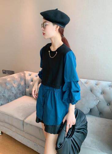 假两件针织拼接衬衫，女装衬衫，云落伊里