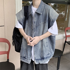 美式复古垫肩牛仔马甲男潮牌设计感小众工装外套叠穿无袖坎肩背心，男装背心/马甲，星座505-2（原电商A260-1)