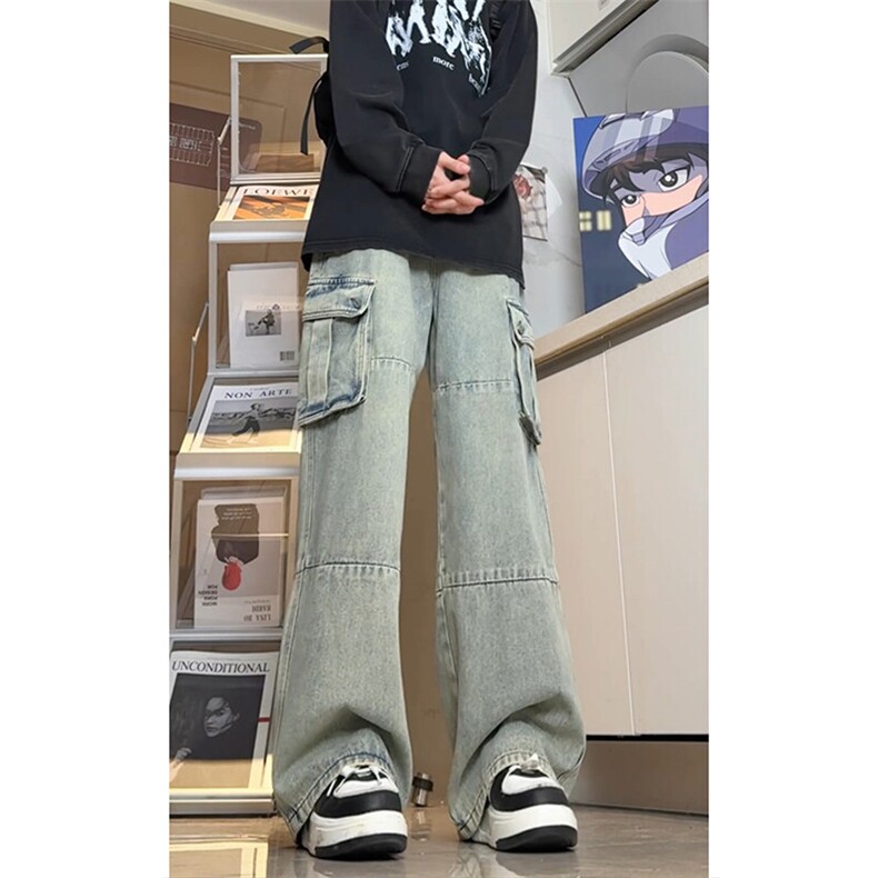 港风文艺工装牛仔长裤情侣款宽松直筒大码休闲裤K590TP60控89图片
