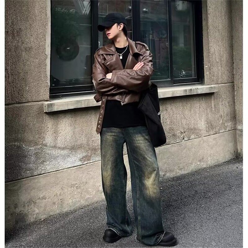 棕色短款皮衣外套男款美拉德穿搭高级感美式复古cleanfit机车夹克,男装夹克,星座1008