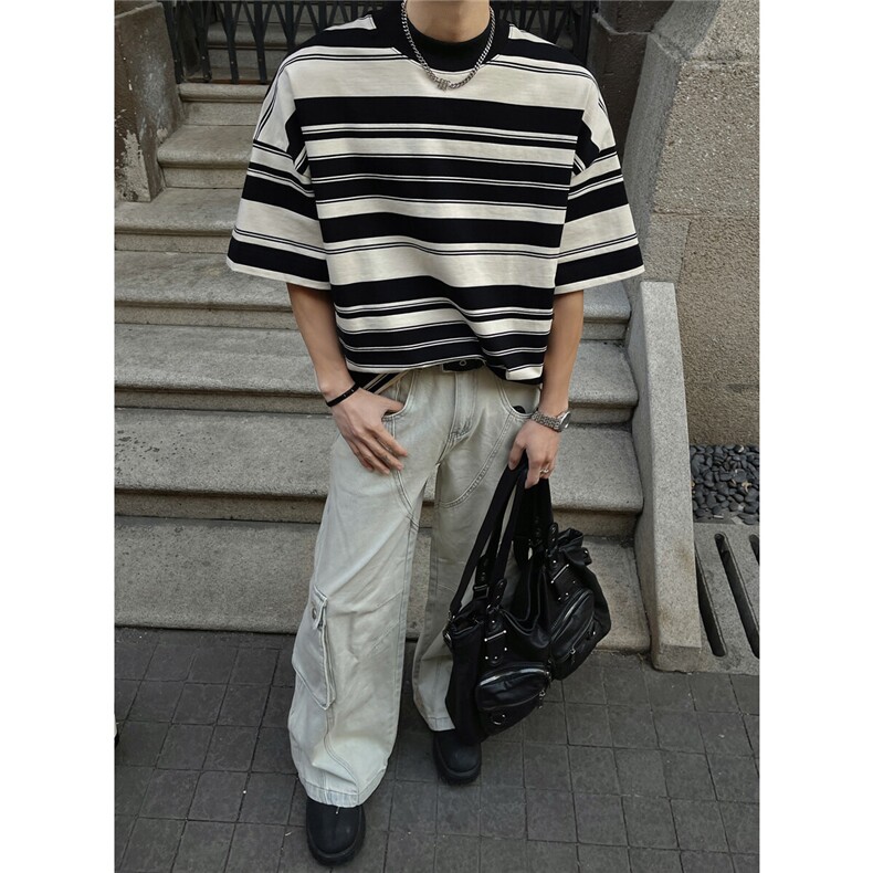 夏季新款250克半高领条纹宽松短袖T恤T2580-特批35控58,男装T恤,电商A072