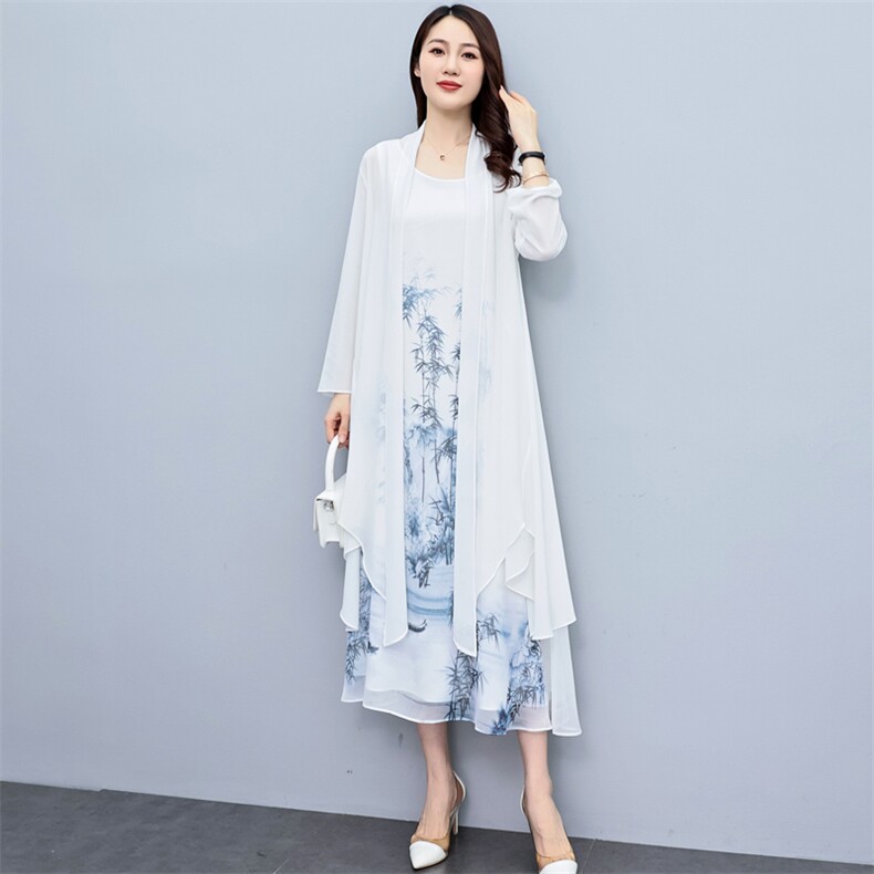 大码防晒衣女夏装新中长款雪纺披肩开衫外套时尚印花连衣裙两件套,女装套装/套裙,秀美人生