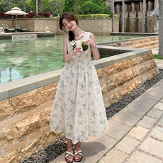 法式甜美碎花雪纺背心连衣裙女2025夏季新款韩版收腰显瘦桔梗长裙，女装连衣裙，C位