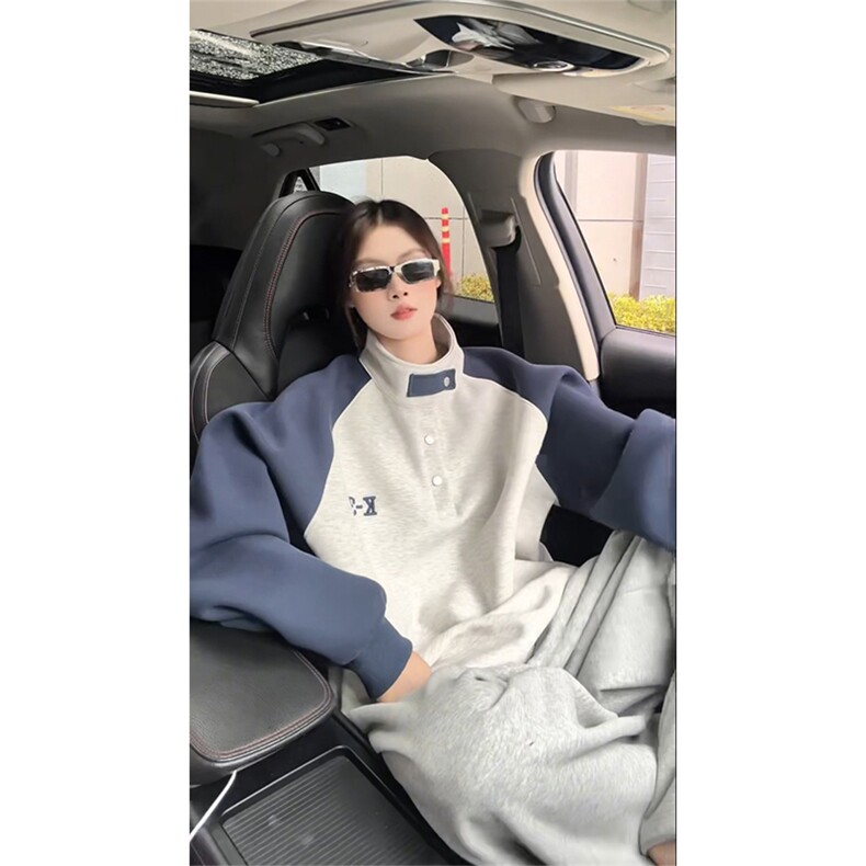 春秋按钮拼接美式立领长袖卫衣WY3918常规P65控88图片