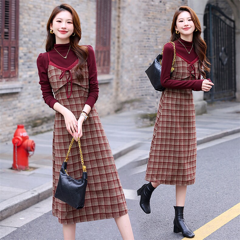 2024秋冬装新款气质优雅时尚潮流打底衫吊带连衣裙修身显瘦两件套，女装套装/套裙，艾贝斯