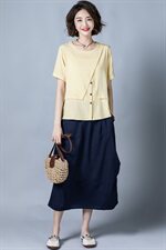 2025年新款女装夏季裤黄色短袖衬衫上衣短裤休闲时尚女，女装蕾丝衫/雪纺衫，风姿绰