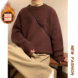 纯色oversize圆领毛衣男士加绒加厚套头毛衣MY106J加绒-P65控88图片