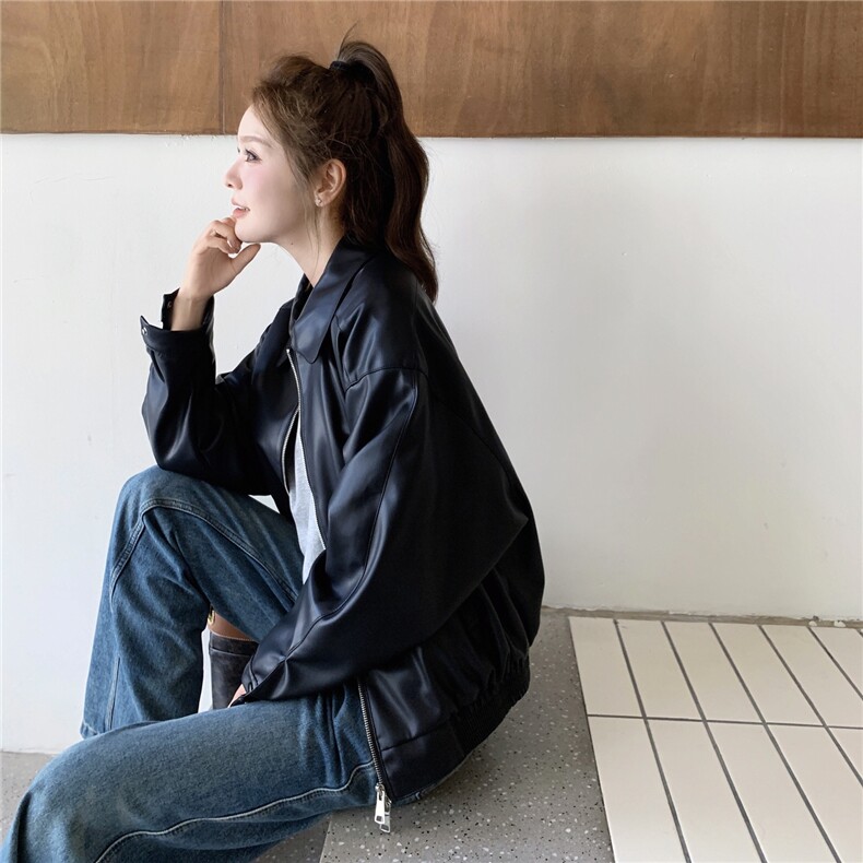 甜酷风休闲复古翻领黑色皮衣外套女春秋小个子机车服PU夹克巨好看,女装皮衣,2C325
