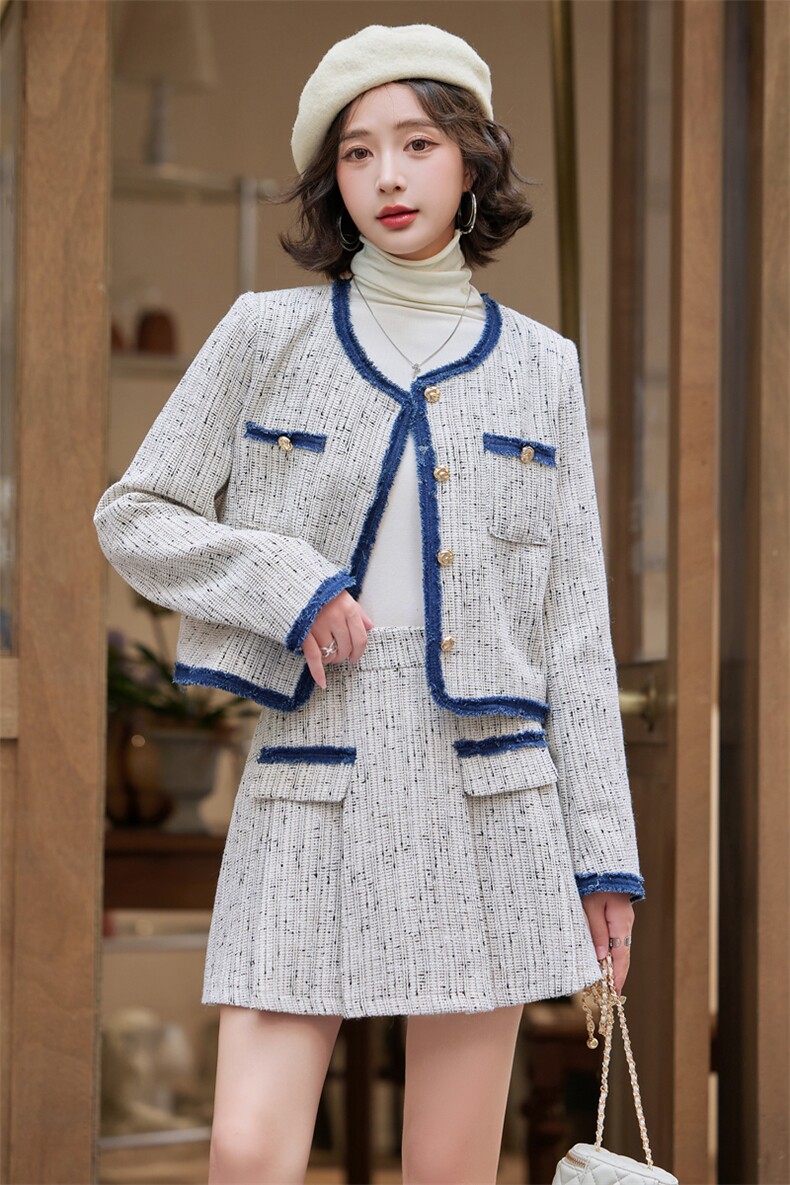法式小香风套装女2025春秋新款高级感小个子减龄半身短裙两件套潮,女装套装/套裙,雅静靓衣