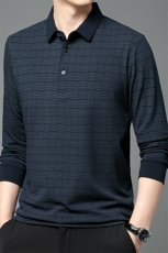 新款秋季长袖T恤翻领打底上衣中老年男士商务休闲条纹polo衫，男装Polo衫，钱塘6003（原4033）