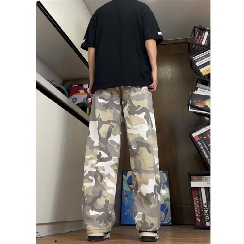 卡其色高腰迷彩工装牛仔裤男女2025夏秋季新款美式阔腿休闲裤子,男装牛仔裤,四季星座505
