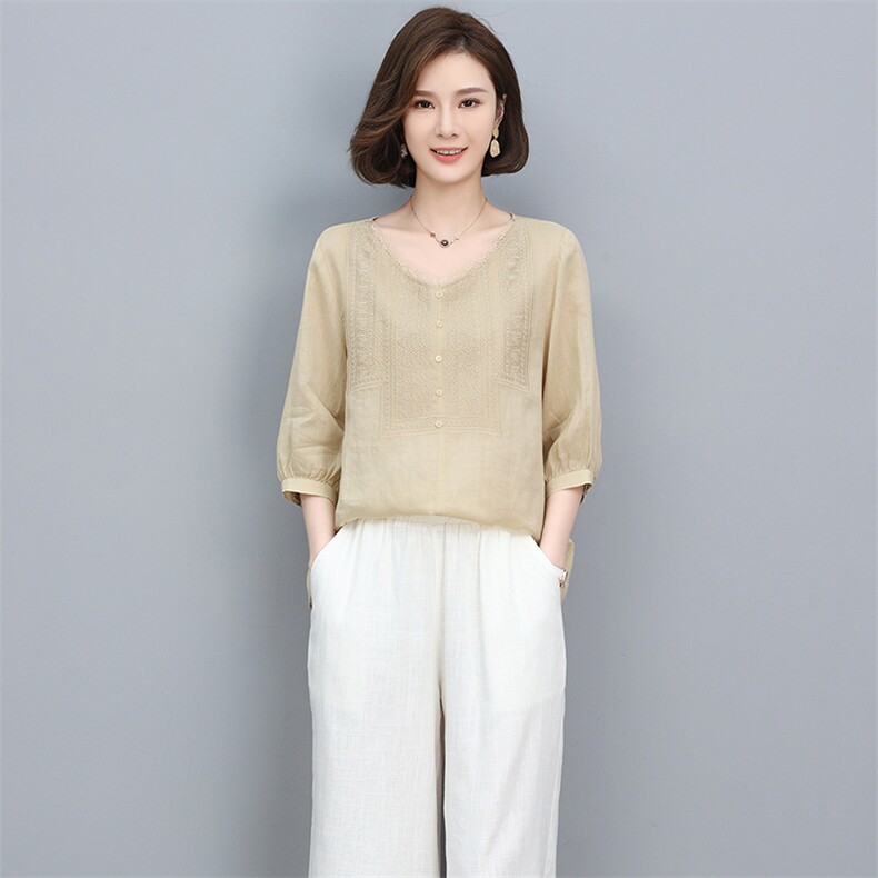 2023夏季纯苎麻刺绣简约气质方领宽松时尚休闲显瘦舒适上衣,女装衬衫,独衣靓