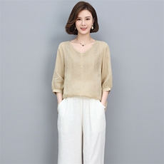 2023夏季纯苎麻刺绣简约气质方领宽松时尚休闲显瘦舒适上衣，女装衬衫，独衣靓