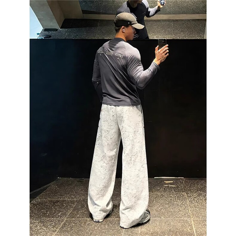 潮牌拼接扎染加绒卫裤男冬季美式设计感百搭弯刀裤重磅运动休闲裤,男装休闲裤,四季星座505