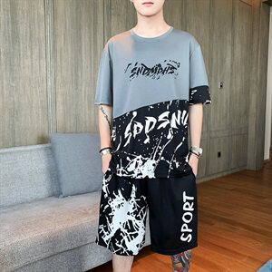 2021夏季新款休闲潮流男士双色字母印花T恤加黑色短裤DW959-P25