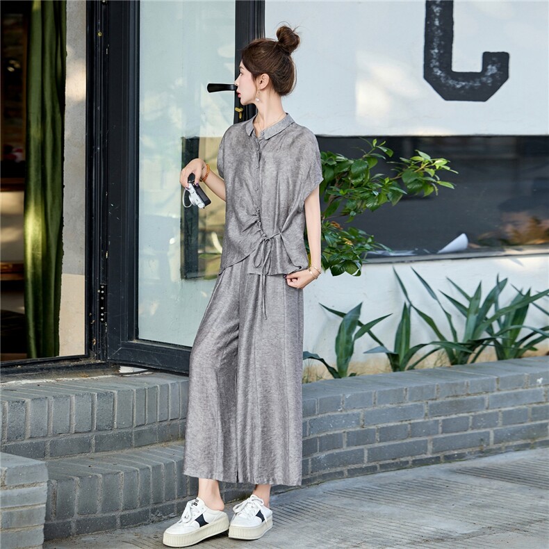 天丝棉麻套装女夏新款慵懒松弛感穿搭宽松休闲设计感上衣+阔腿裤,女装套装/套裙,素月