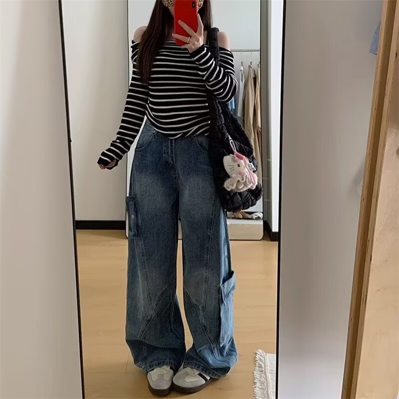 美式复古弯刀阔腿牛仔裤女春秋新款高腰胖mm宽松拖地裤LL863-P56,男装牛仔裤,星座1008