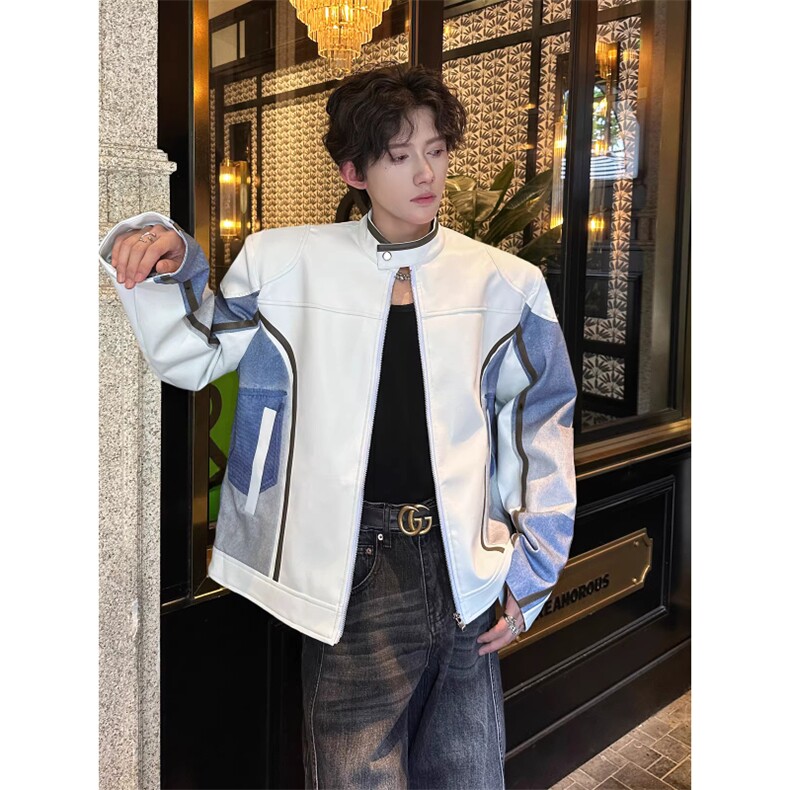 立领拼接赛车服皮夹克垫肩PU皮衣外套JK8571特P74,男装皮衣,星座908-1