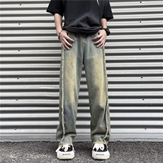 夏男牛仔裤流苏拼接字母刺绣破洞口袋直筒宽松长裤NK161P45，男装牛仔裤，星座1013-1