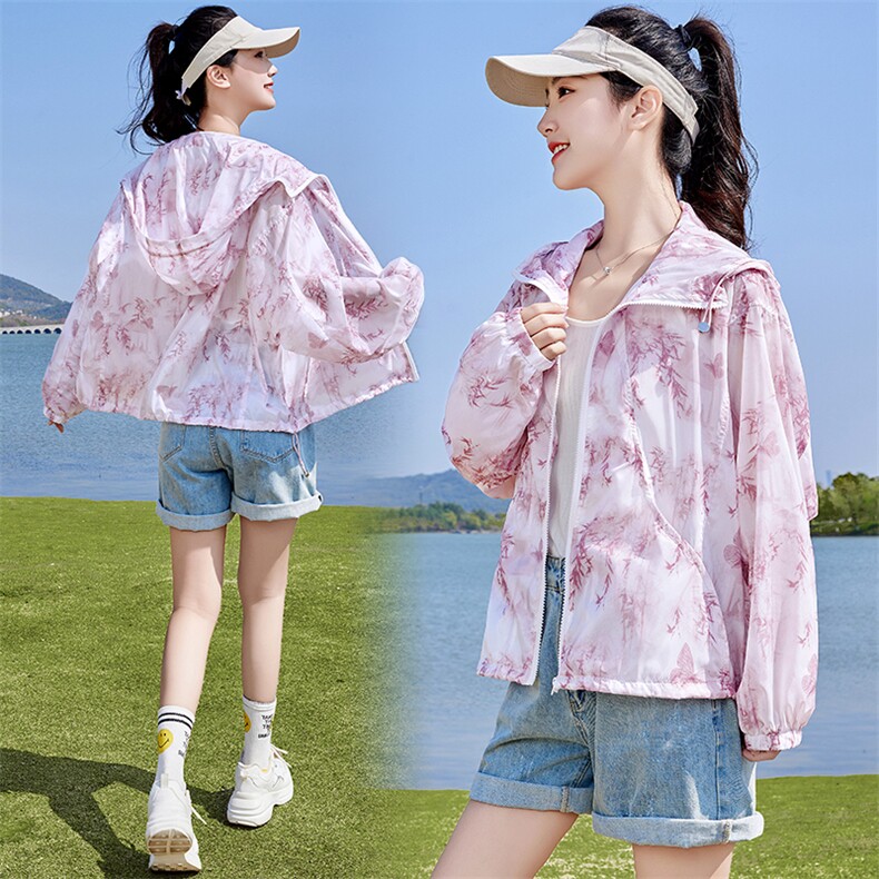 2025年夏季新款防晒服短款印花连帽薄款防晒休闲款防晒衣拉链外套,女装防晒衣,蝶眷