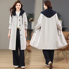 撞色风衣女中长款2025春秋季新款中老年妈妈宽松大码时尚休闲外套，女装风衣，江忆布依