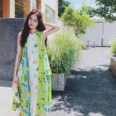 南法花朵显瘦连衣裙连衣裙吊带裙夏季沙滩裙无袖长裙碎花气质法式，女装连衣裙，2C137