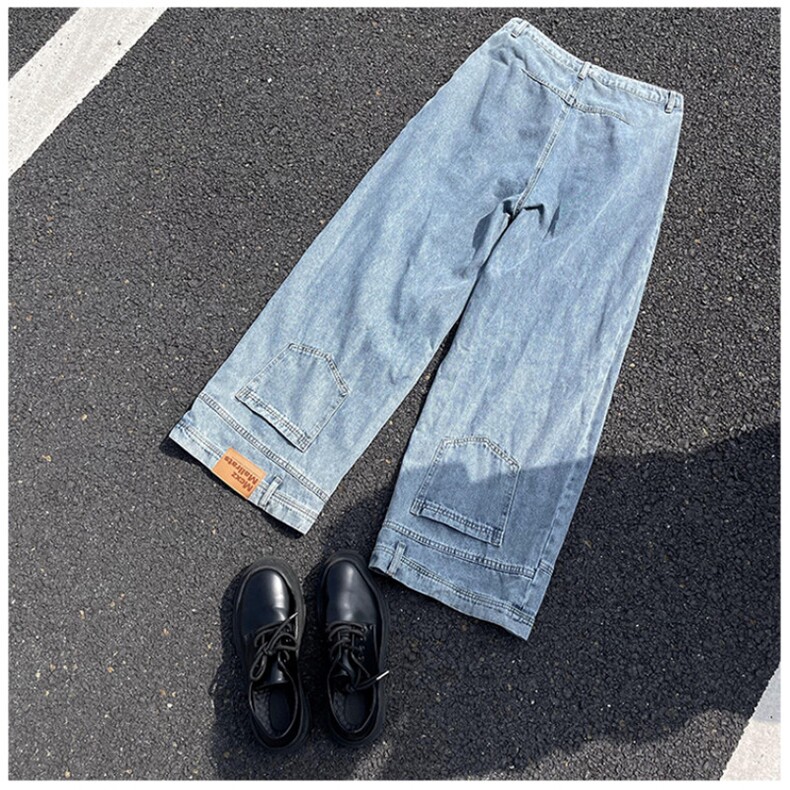 夏男牛仔裤裤脚口袋贴标直筒长裤NK805 P50图片