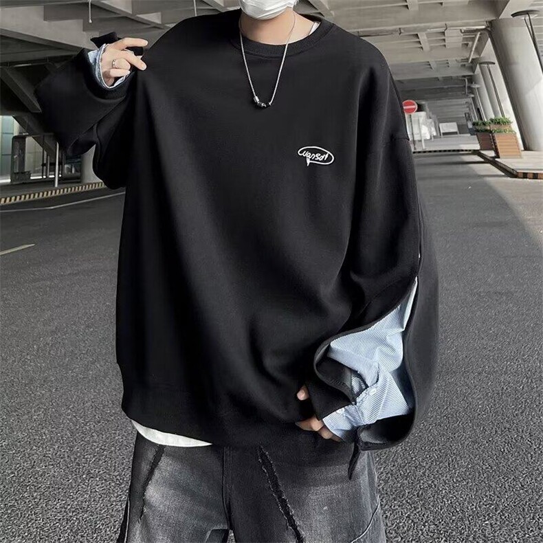 黑色假两件衬衫拼接卫衣男2025春秋新款设计感痞帅上衣服 WA48图片