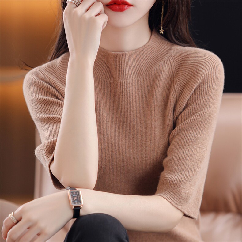 春秋冬半高羊毛衫女短袖修身显瘦套头毛衣针织上衣内穿外穿图片