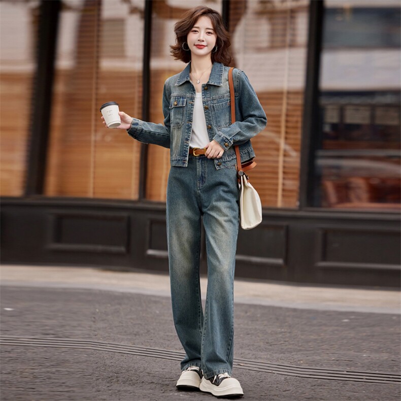 早春牛仔套装女2025新款时尚洋气减龄时髦今年流行复古长裤两件套,女装套装/套裙,意芙