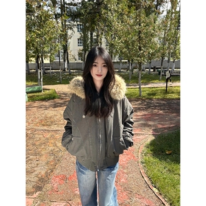 现货重磅boxy短款棉衣座山雕大毛毛领男女棉服水洗工装厚外套图片