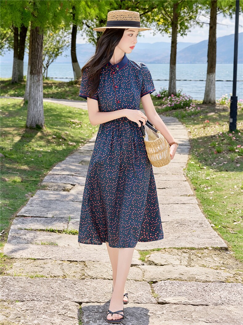 田园风斜领碎花刺绣连衣裙女春夏收腰显瘦中长裙（细节图颜色为）,女装连衣裙,水衣源