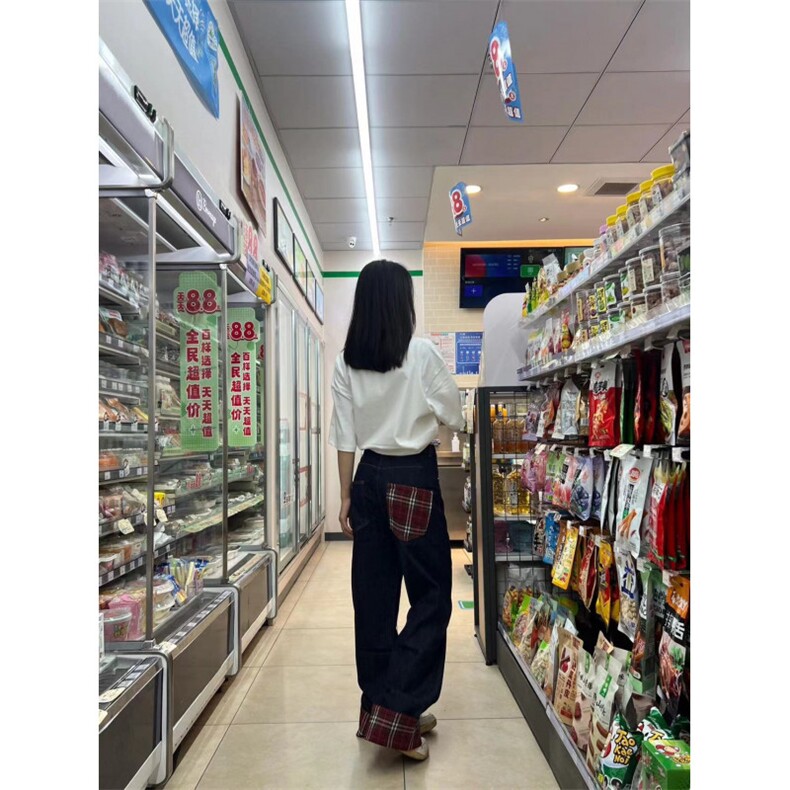 美式格子拼接牛仔裤男女款cleanfit裤子直筒阔腿裤NZ011WW-特P48,男装牛仔裤,星座1007（原301D）