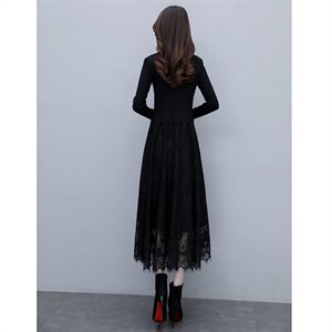 2023秋季新款半高领镂空线衣配蕾丝长款打底连衣裙，女装连衣裙，安之芮娜